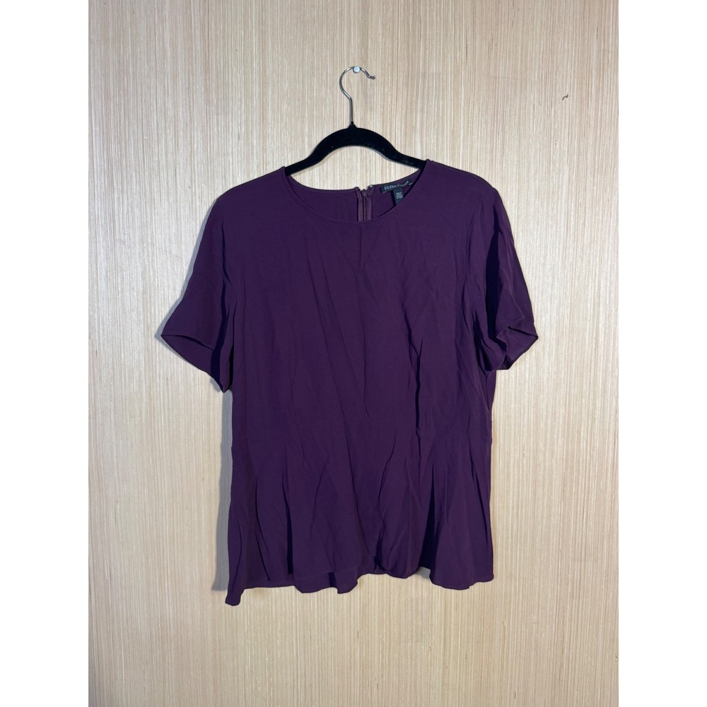 Eileen Fisher Womens 14 Purple 100% Silk Short Sleeve Back Zip Blouse Top